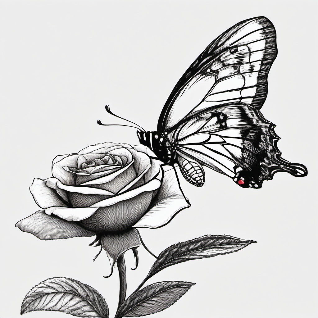 drawing of a butterfly landing on a rose  minimal rough sketch scribbles,doodles,black and white