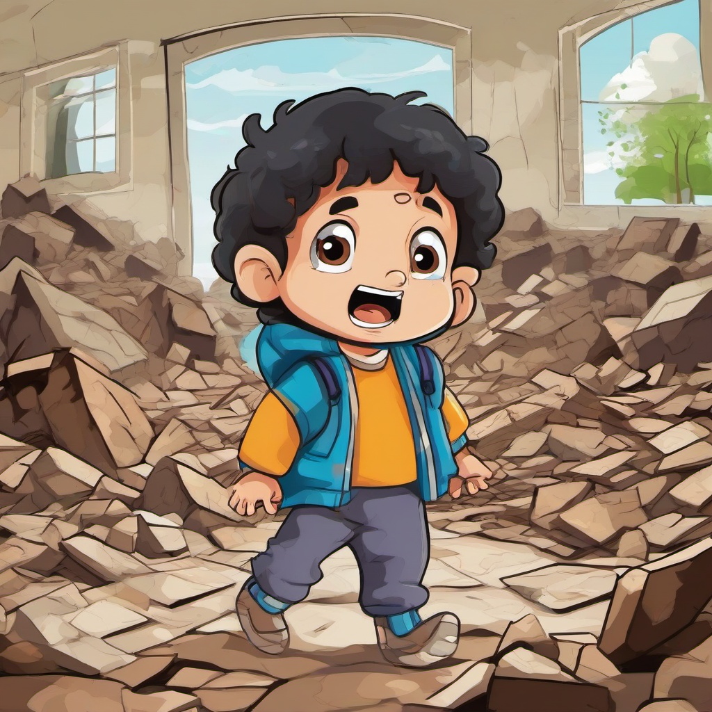 a child in the middle of earthquake  , vector illustration, clipart