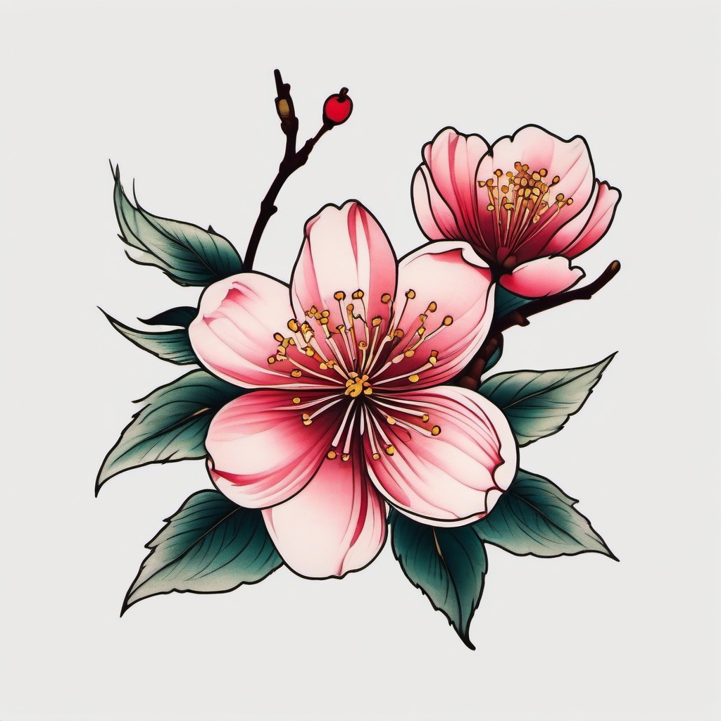 Cherry Blossom Tattoo Traditional - Timeless and traditional, celebrating the cultural significance of cherry blossoms.  simple color tattoo,white background,minimal