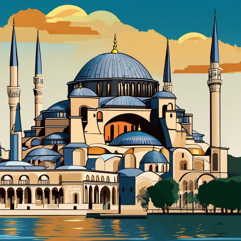 Istanbul clipart - Hagia Sophia and Blue Mosque in Turkey,  color vector clipart