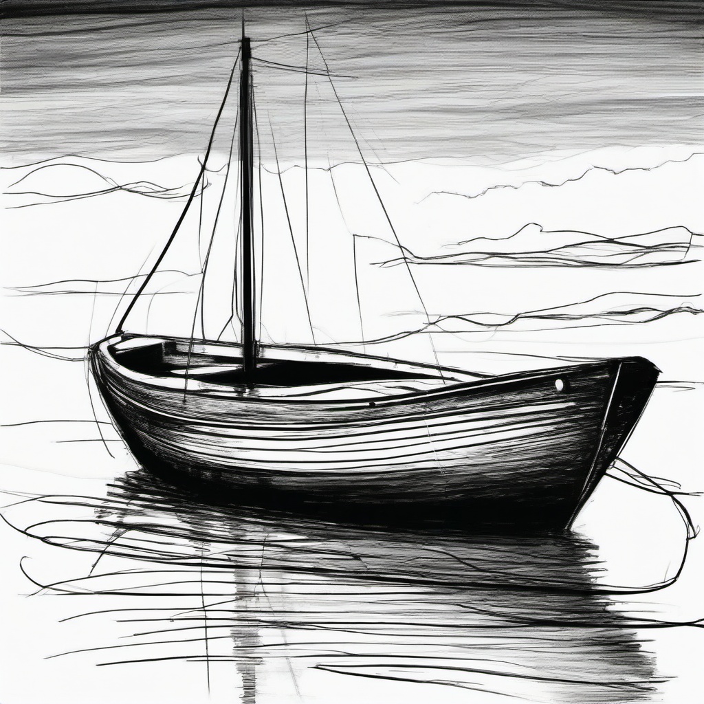 drawing of a boat on the ocean  minimal rough sketch scribbles,doodles,black and white