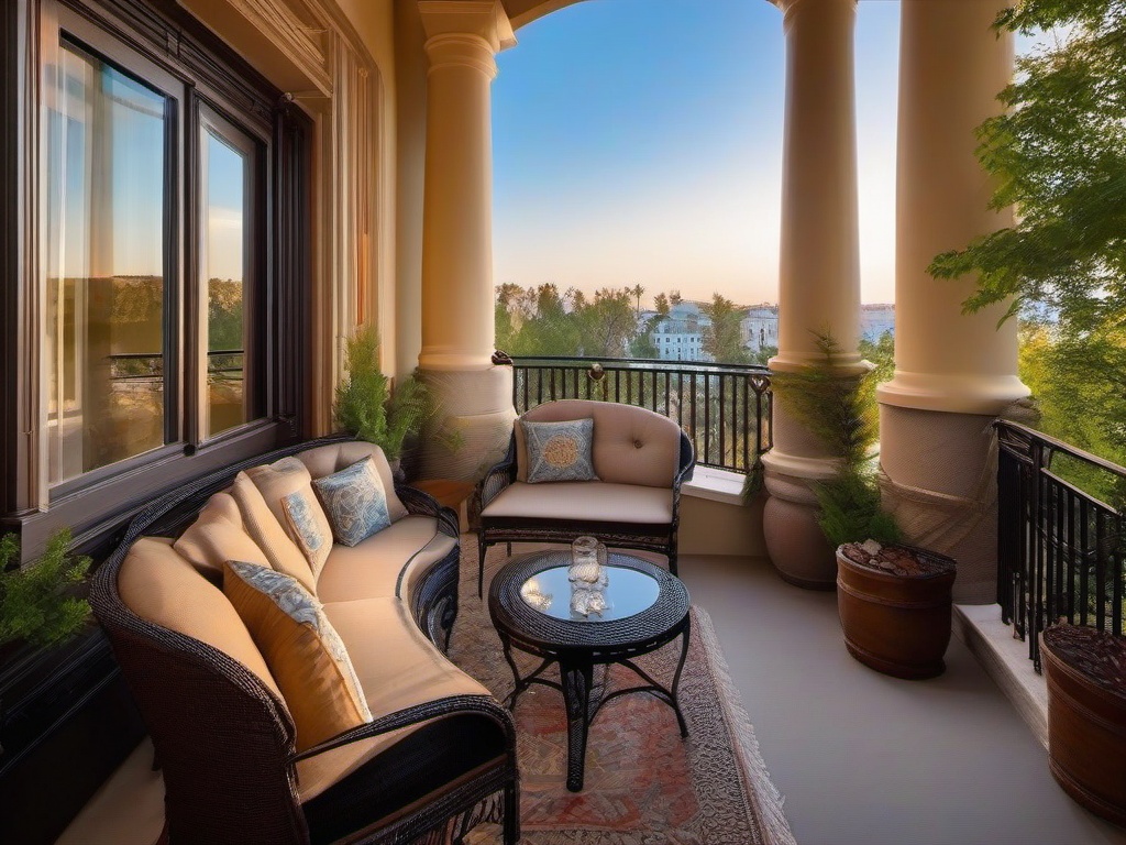 The balcony showcases Russian Revival interior design with comfortable seating, elegant furnishings, and beautiful views that create a refined space for relaxation and enjoyment.  