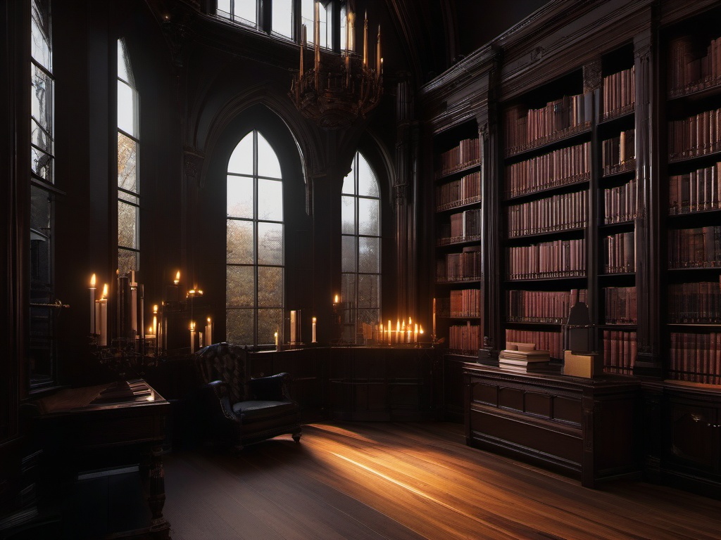 In the library room, Gothic interior design incorporates tall bookshelves, rich woods, and flickering candlelight that inspire a love for reading in a mysterious setting.  