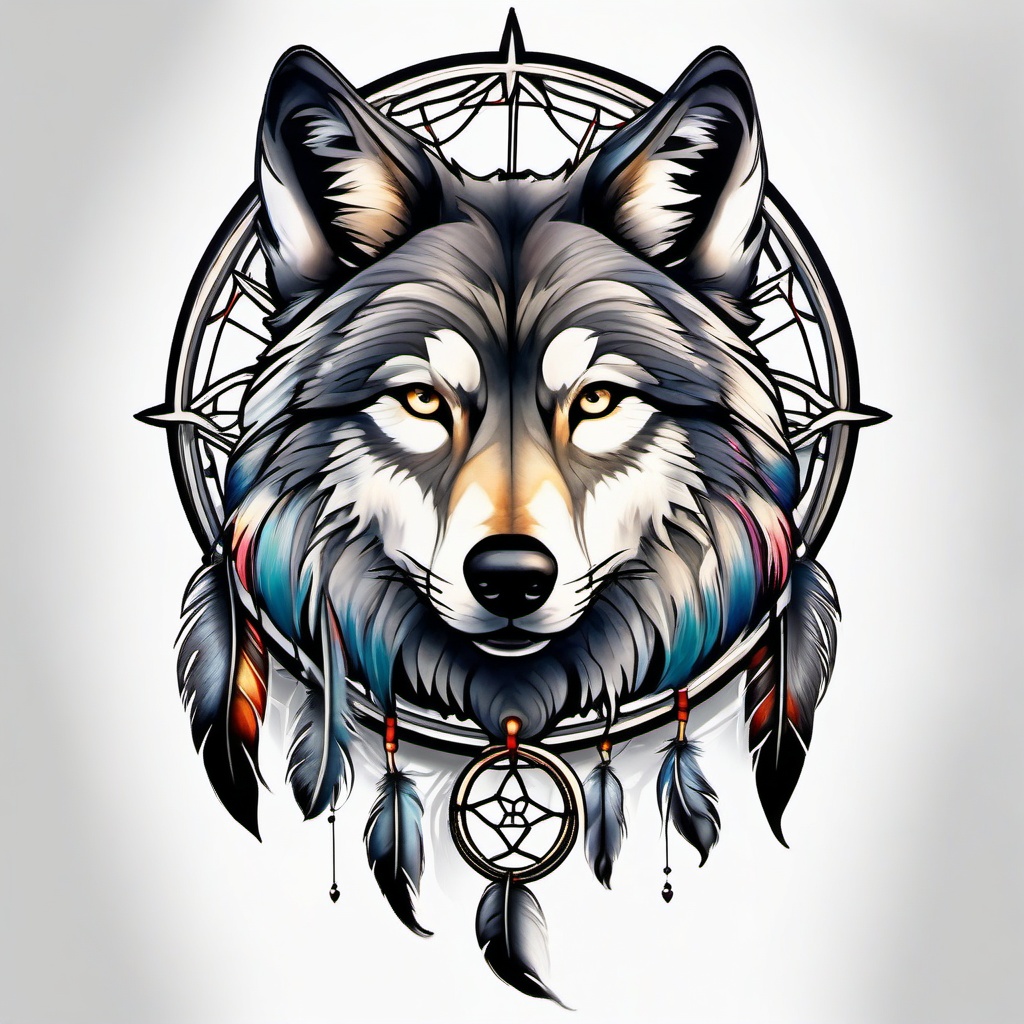 Wolf and Dreamcatcher Tattoo,wolf and the dreamcatcher, combined in ink, guarding one's dreams and spirit. , color tattoo design, white clean background