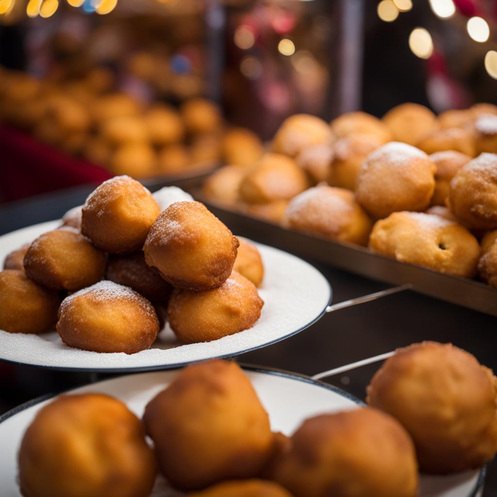 oliebollen, dutch fried doughnuts, indulged at a festive new year's eve fair in amsterdam. 