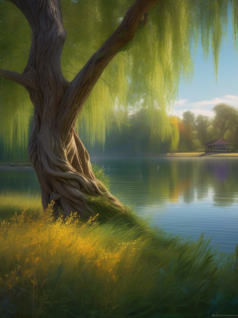 Whispering willow tree, its long branches swaying in the gentle breeze, offers a quiet refuge by the side of a serene lake, where stories are shared beneath its graceful canopy. hyperrealistic, intricately detailed, color depth,splash art, concept art, mid shot, sharp focus, dramatic, 2/3 face angle, side light, colorful background