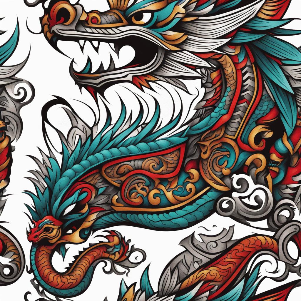 Aztec dragon tattoo, Tattoos inspired by Aztec dragon mythology and art.  color, tattoo style pattern, clean white background