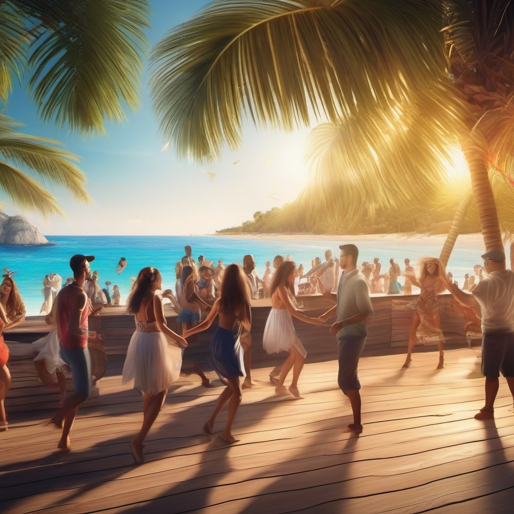 Beachside music and dancing close shot perspective view, photo realistic background, hyper detail, high resolution