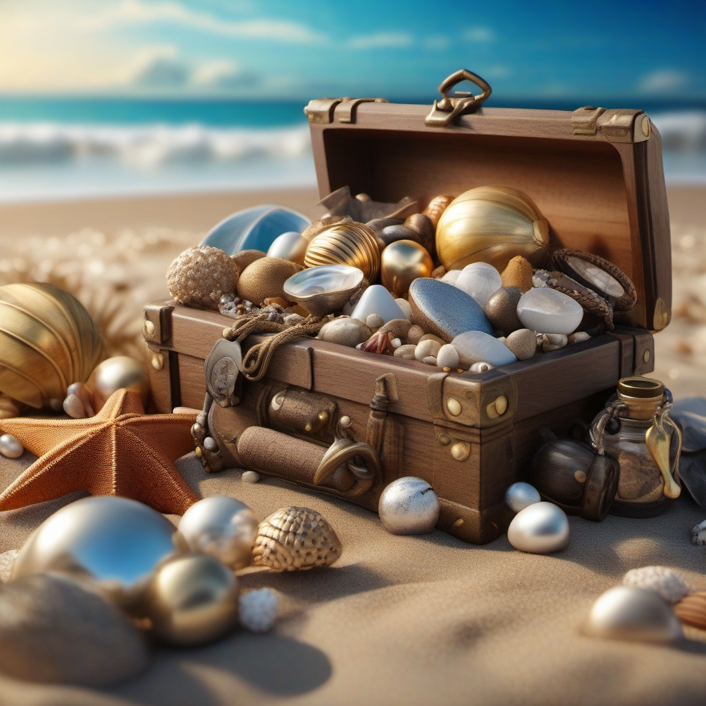 Beachcomber's collection of treasures close shot perspective view, photo realistic background, hyper detail, high resolution