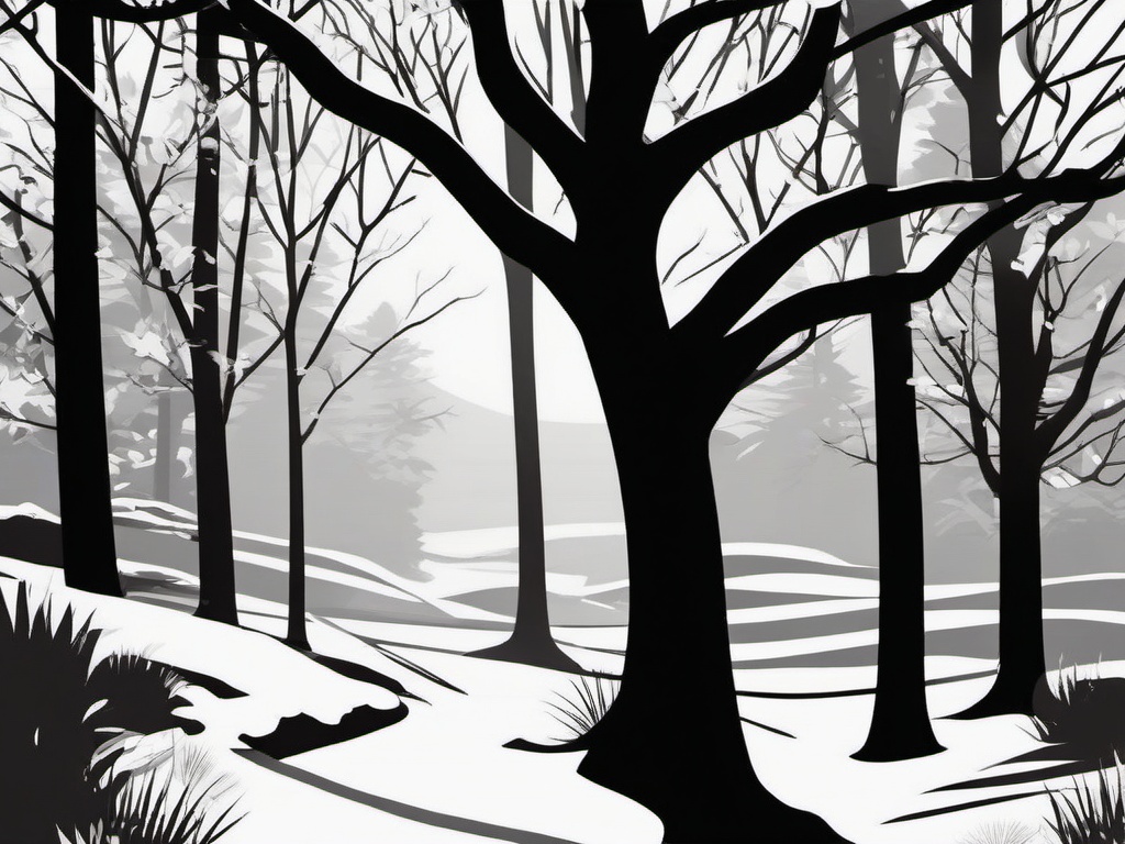 Clipart of Tree Black and White,Illustrating a serene forest scene with clipart of tree black and white  simple, 2d flat