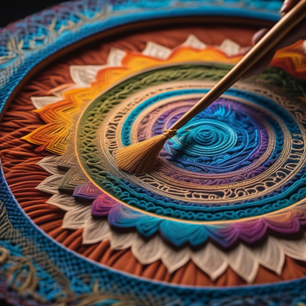 Serene sandy beach, intricate sand mandala, meticulously crafted by skilled hands, showcases artistry of mindfulness and patience. hyperrealistic, intricately detailed, color depth,splash art, concept art, mid shot, sharp focus, dramatic, 2/3 face angle, side light, colorful background