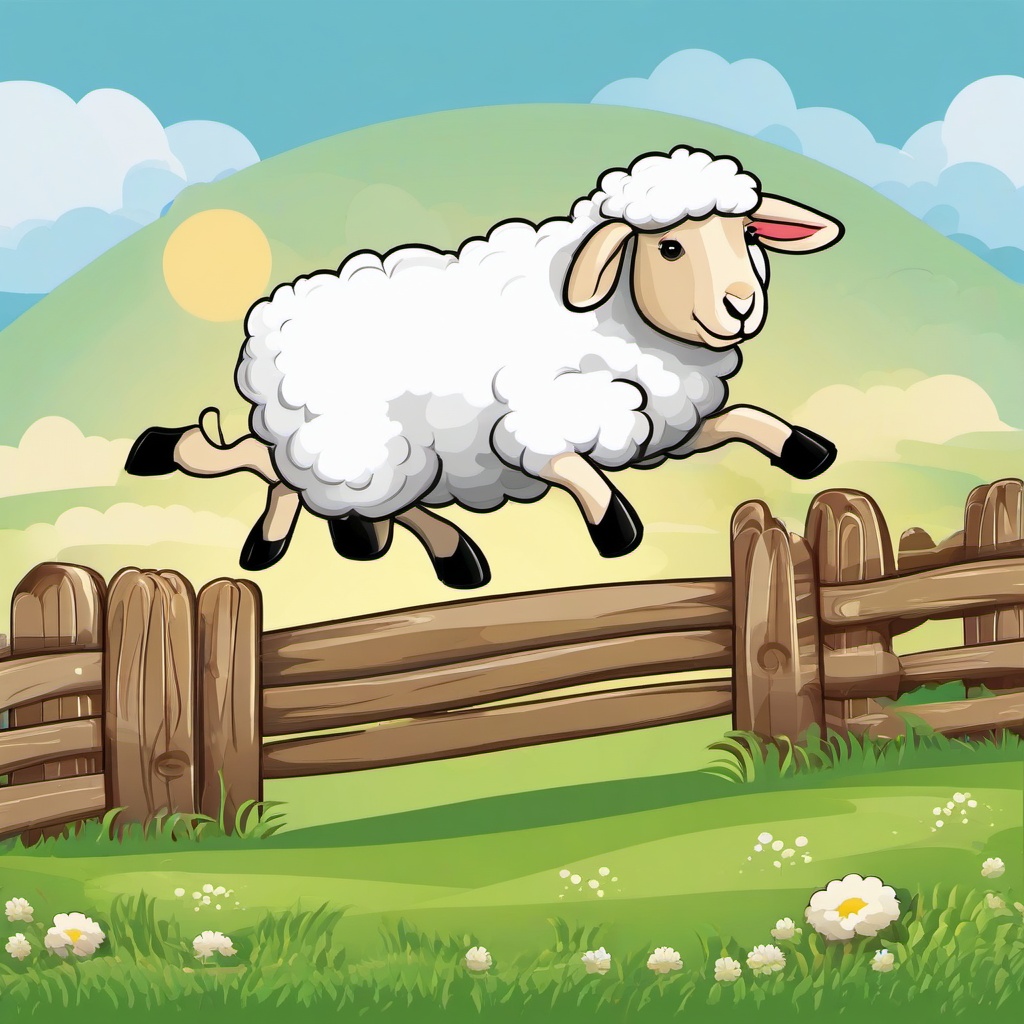 Sheep clipart - cartoon sheep jumping over a fence  