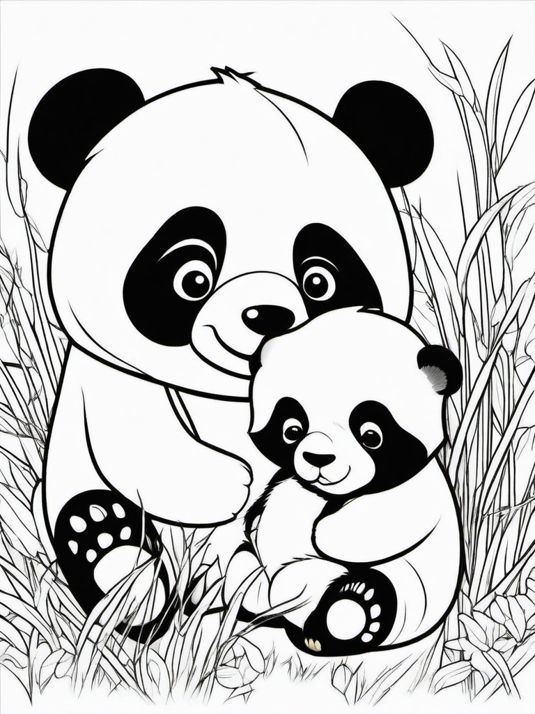 Panda Coloring Pages - Panda and a baby panda playing in a meadow  simple coloring pages