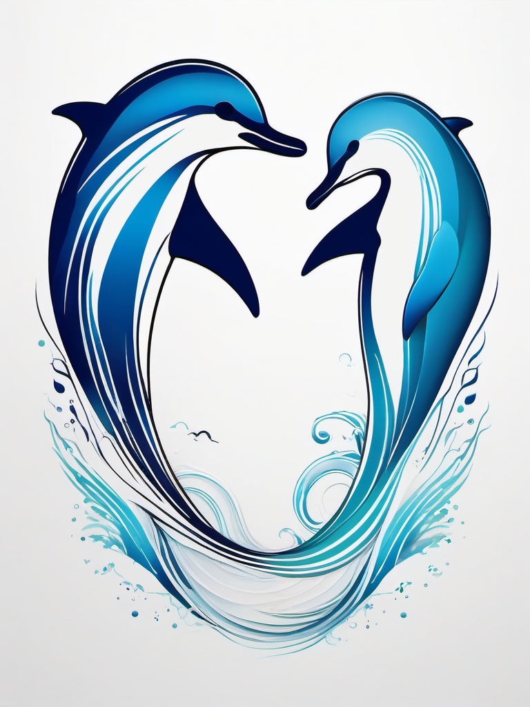 Abstract Oceanic Duo - Express the fluidity of the ocean with an abstract dolphin pair.  outline color tattoo,minimal,white background