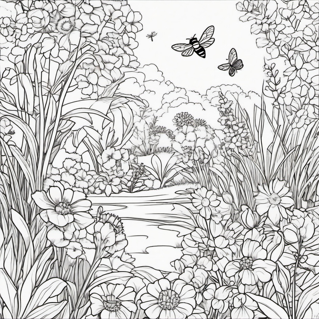 Garden with blooming flowers and bees  simple coloring pages