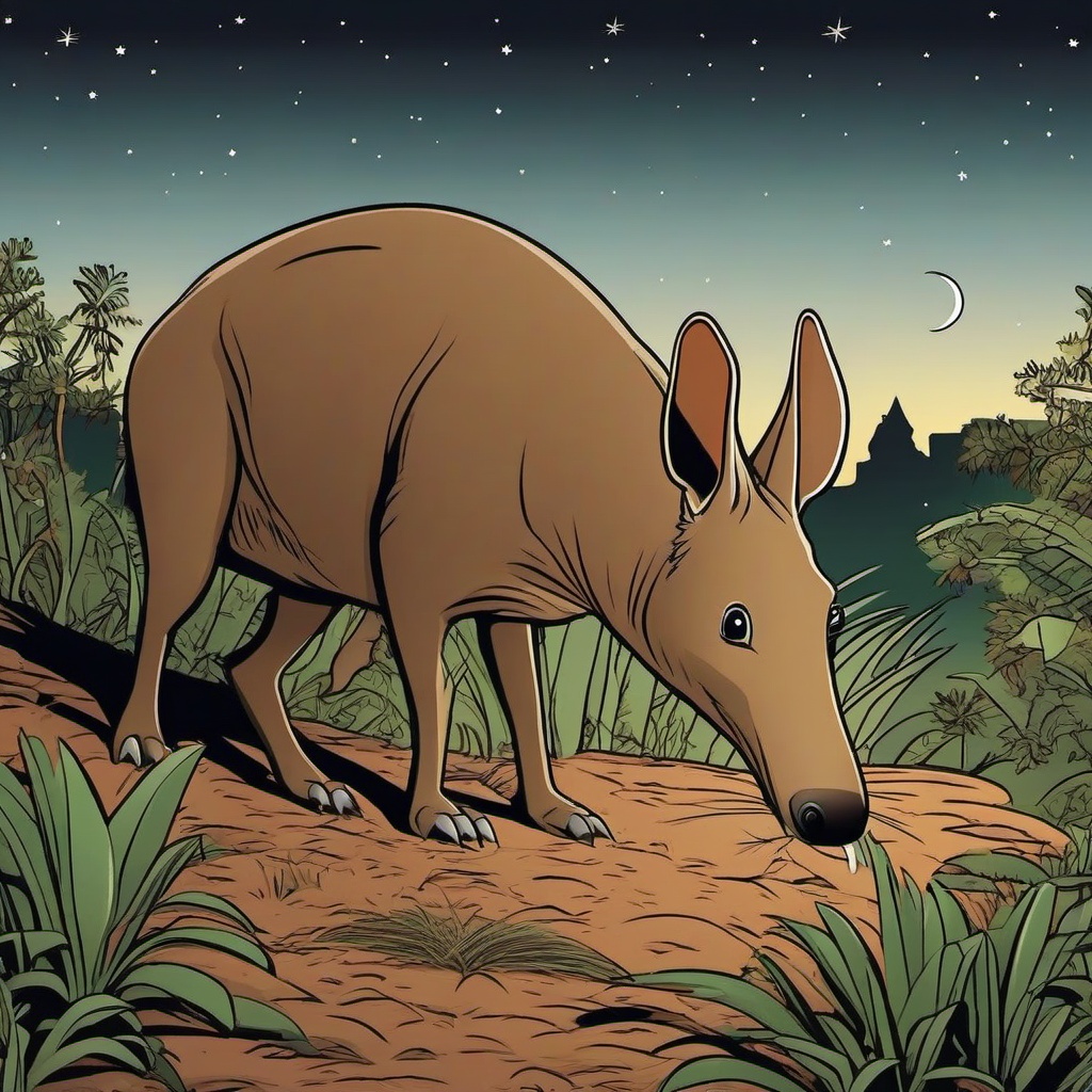 Aardvark cartoon - Aardvark searching for termites at night  