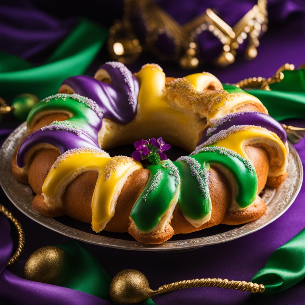 king cake with a hidden charm, a mardi gras tradition, relished at a vibrant new orleans parade. 