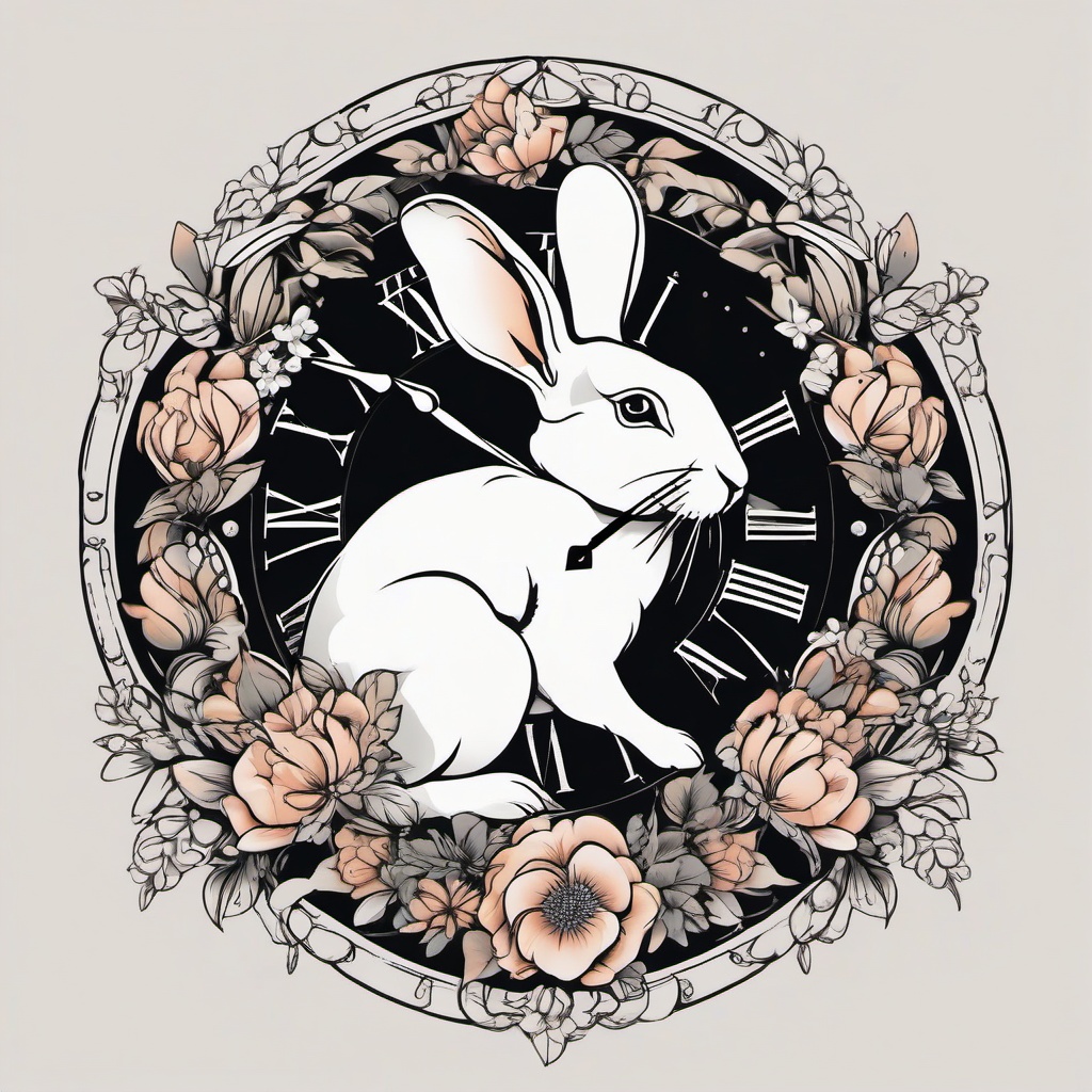 white rabbit clock tattoo  minimalist color tattoo, vector