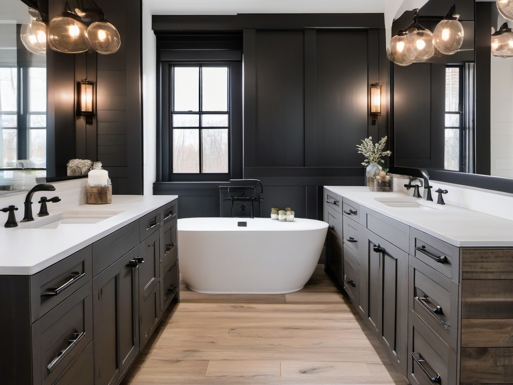 Modern farmhouse bathroom with Delta black matte faucets, Shaw Floors wood-effect tiles, and Restoration Hardware vanity mirrors with a reclaimed wood finish.  