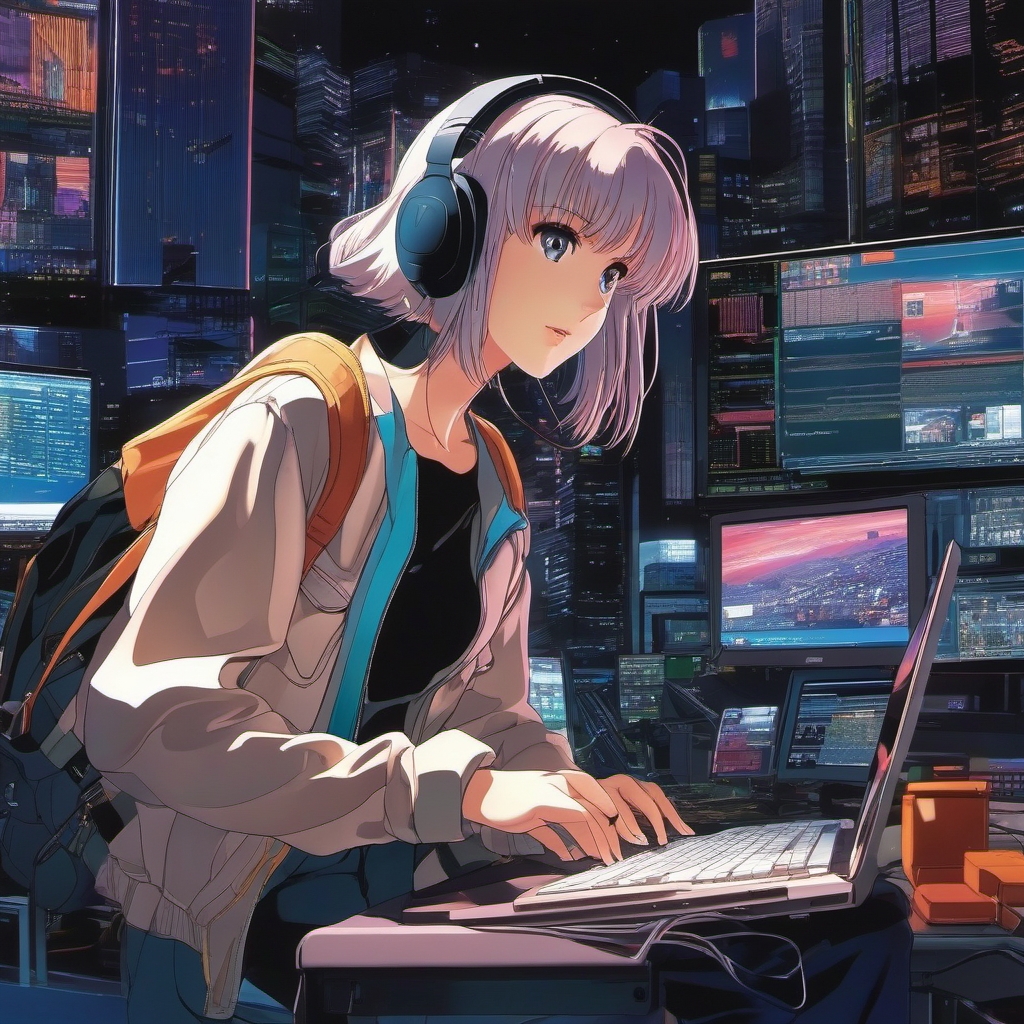 A tech-savvy anime girl, with a penchant for hacking, uncovers a digital conspiracy that blurs the lines between the real and virtual worlds.  1990s anime style