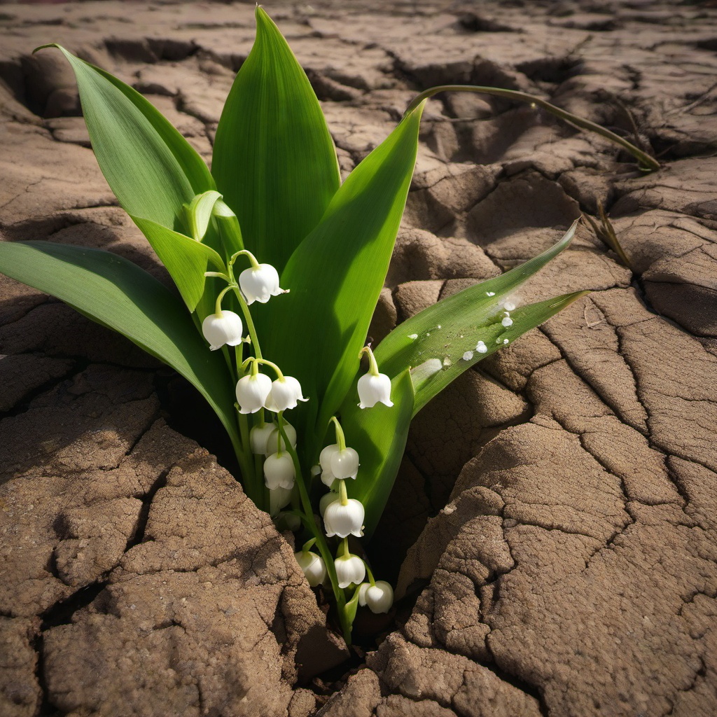 lily of the valley growing out of dry cracked earth