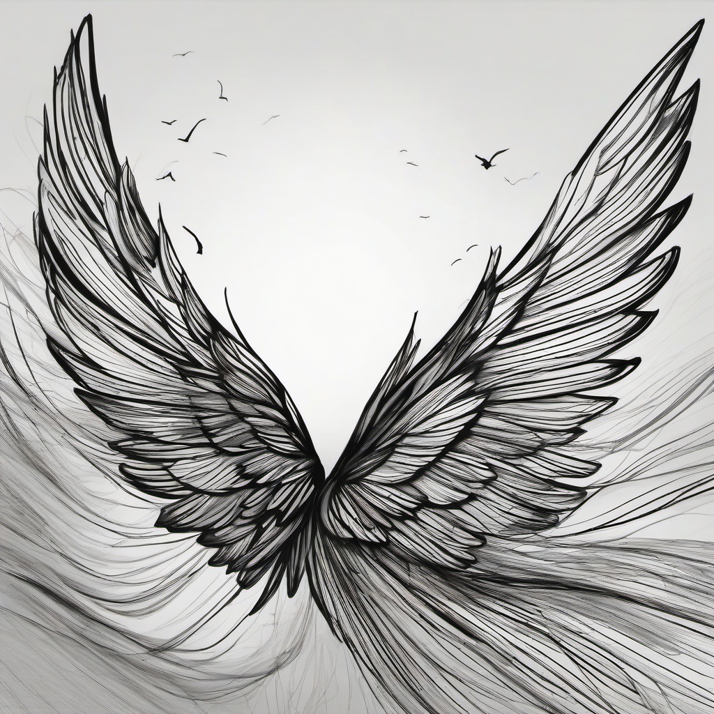 drawing of wings against the sunset  minimal rough sketch scribbles,doodles,black and white