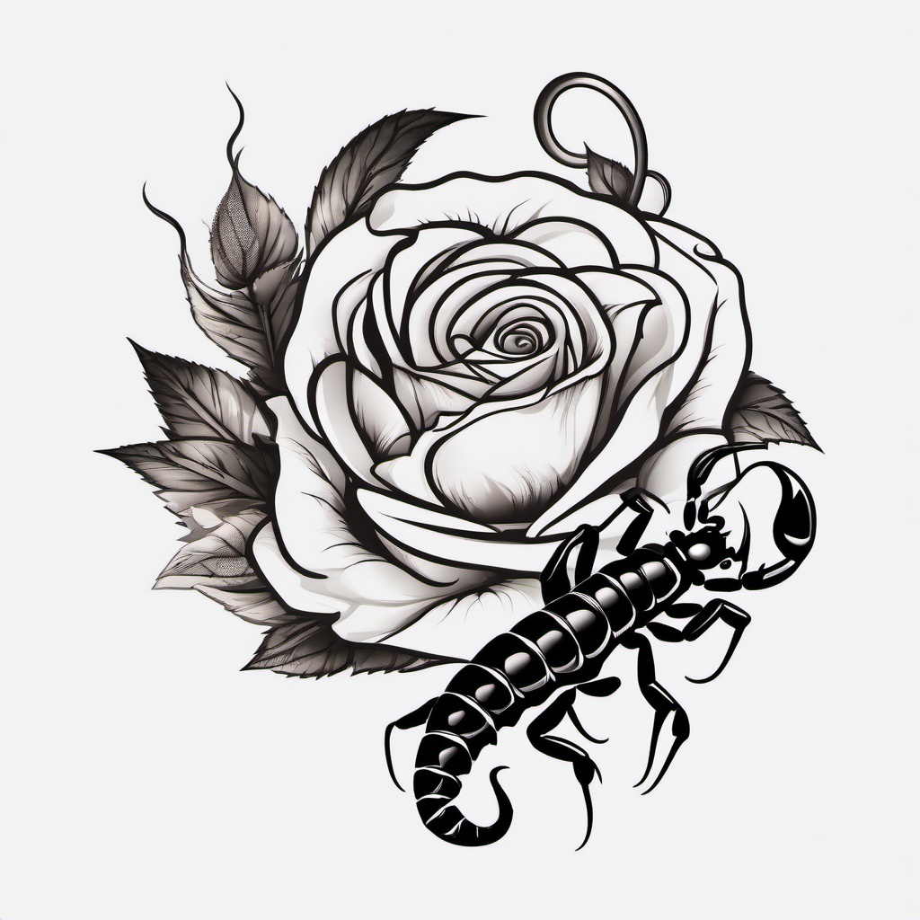 Rose and Scorpion Tattoo - Combine the beauty of roses with the strength of a scorpion in a captivating tattoo design.  simple vector color tattoo,minimal,white background