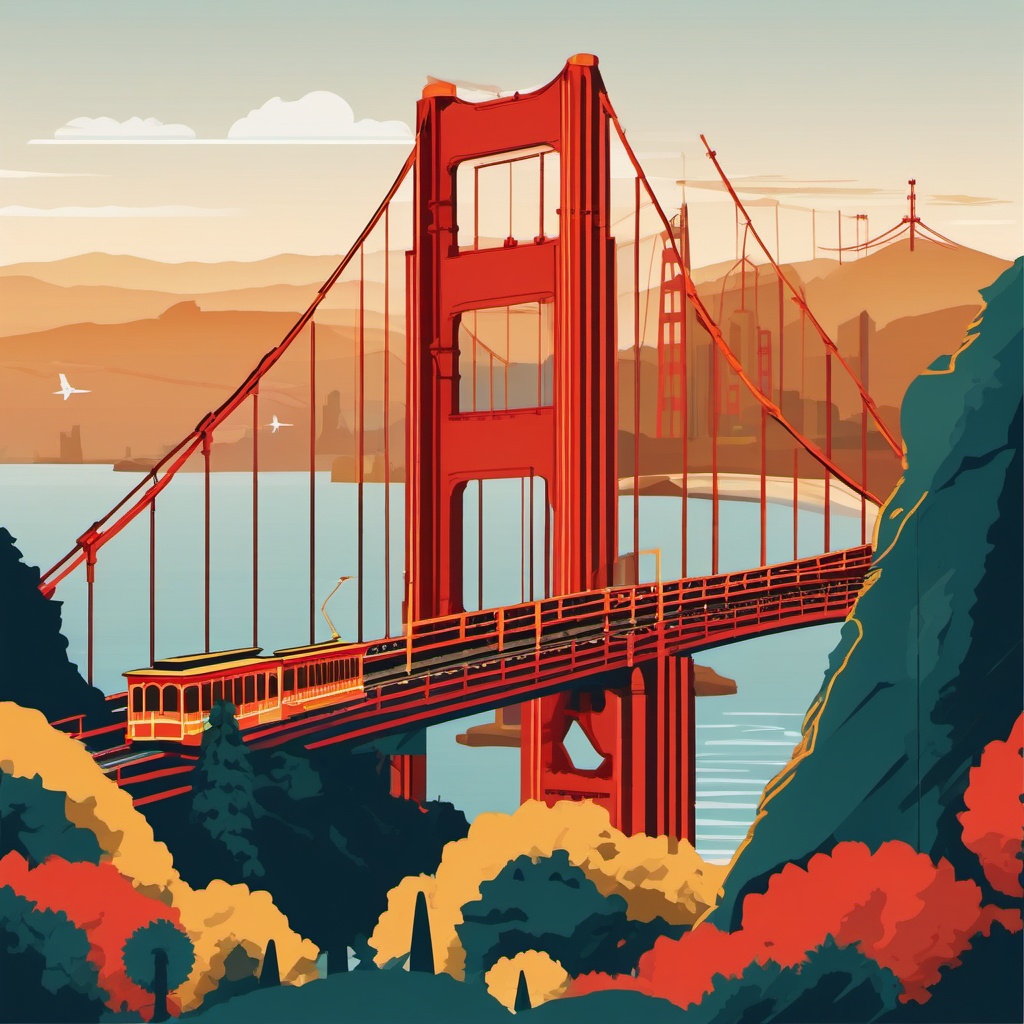 San Francisco clipart - Golden Gate Bridge and cable cars, ,color clipart vector style