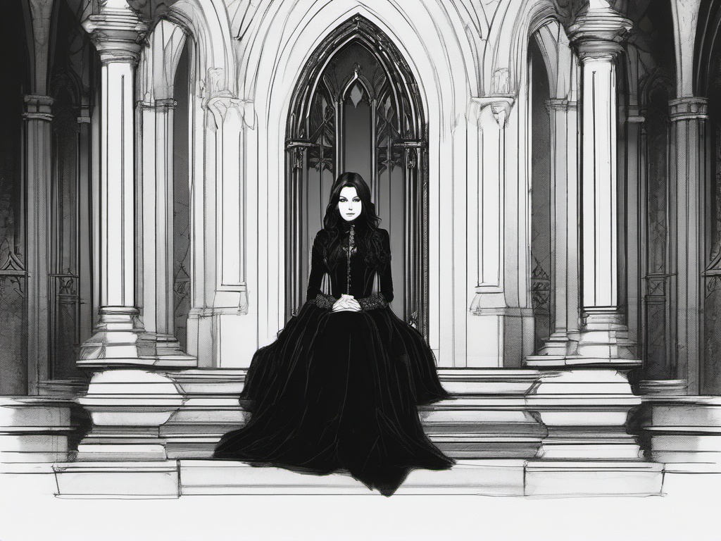 drawing of Wednesday sitting in a gothic setting  minimal rough sketch scribbles,doodles,black and white