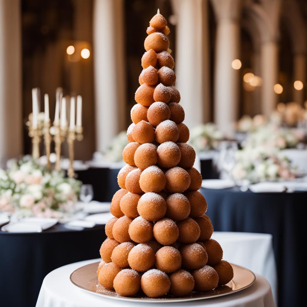 croquembouche, a french dessert tower, enjoyed at a chic parisian wedding. 