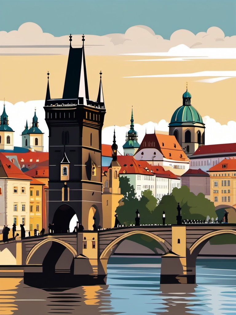 Prague clipart - Charles Bridge and Prague Castle in Czech Republic,  color vector clipart