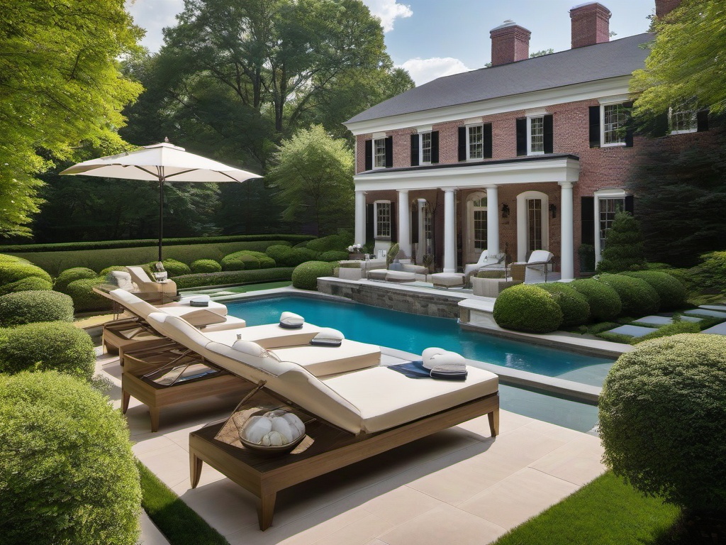 The pool area embraces American Colonial interior design with classic loungers, elegant landscaping, and tasteful decor that create a sophisticated space for summer enjoyment.  