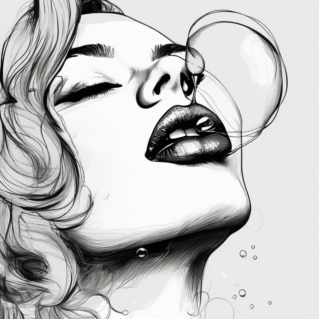 drawing of lips blowing bubbles  minimal rough sketch scribbles,doodles,black and white