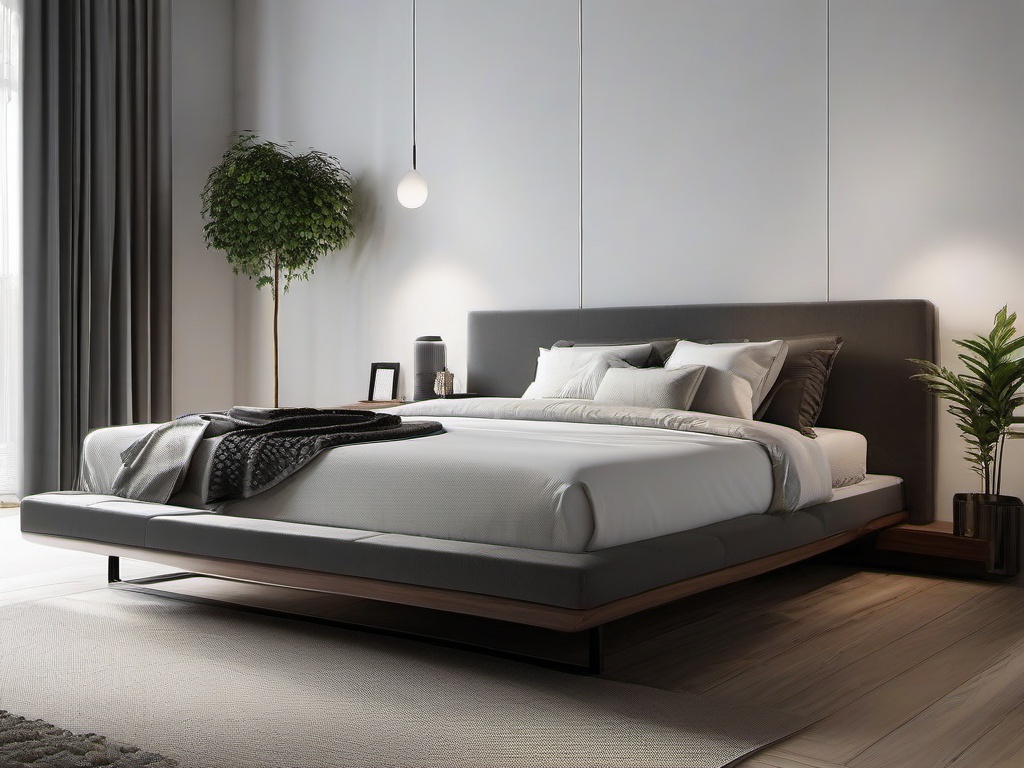 Minimalist bedroom includes a platform bed, a few decorative pillows, and a bedside table with a lamp for a clean, uncluttered look.  