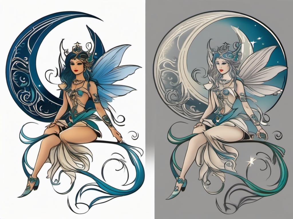 Fairy Tattoo: Moon Guardian  simple color tattoo style,white background