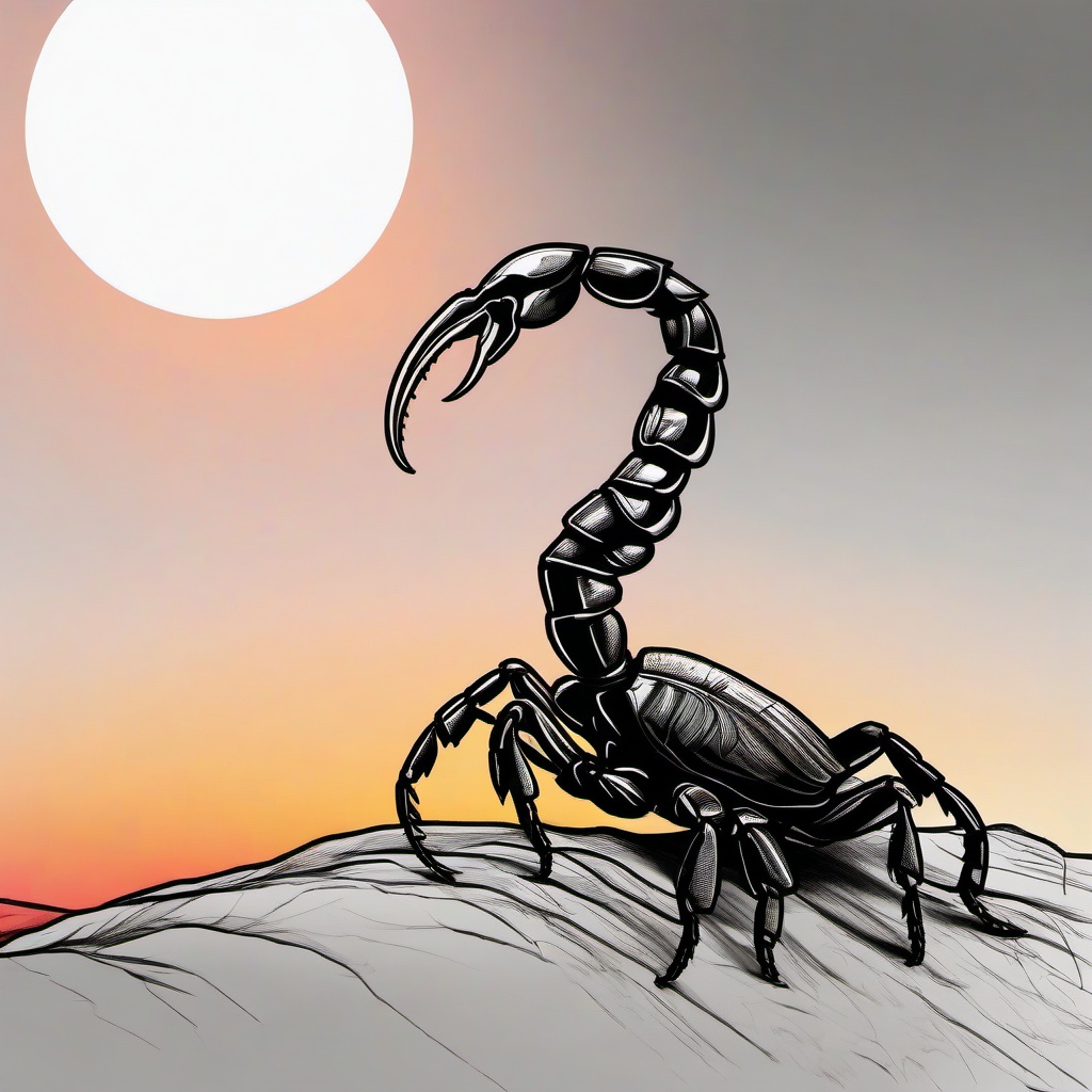 drawing of a scorpion with a sunset background  minimal rough sketch scribbles,doodles,black and white