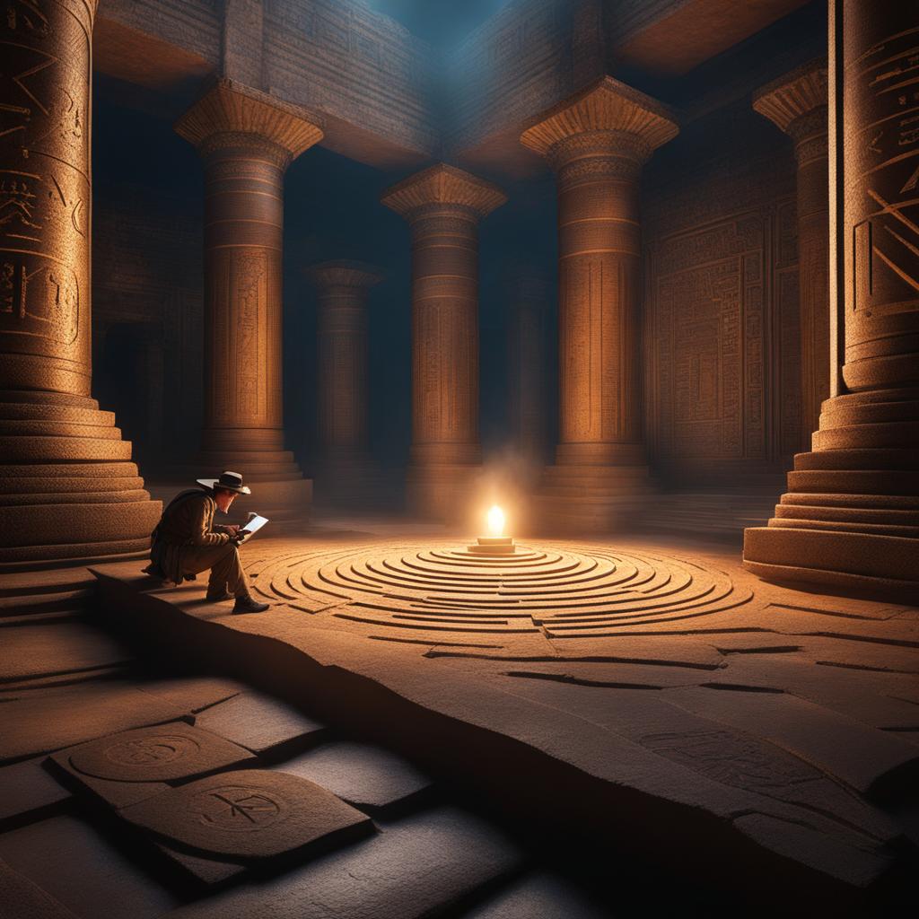 time-traveling explorer deciphering cryptic runes in an ancient temple ruin. 