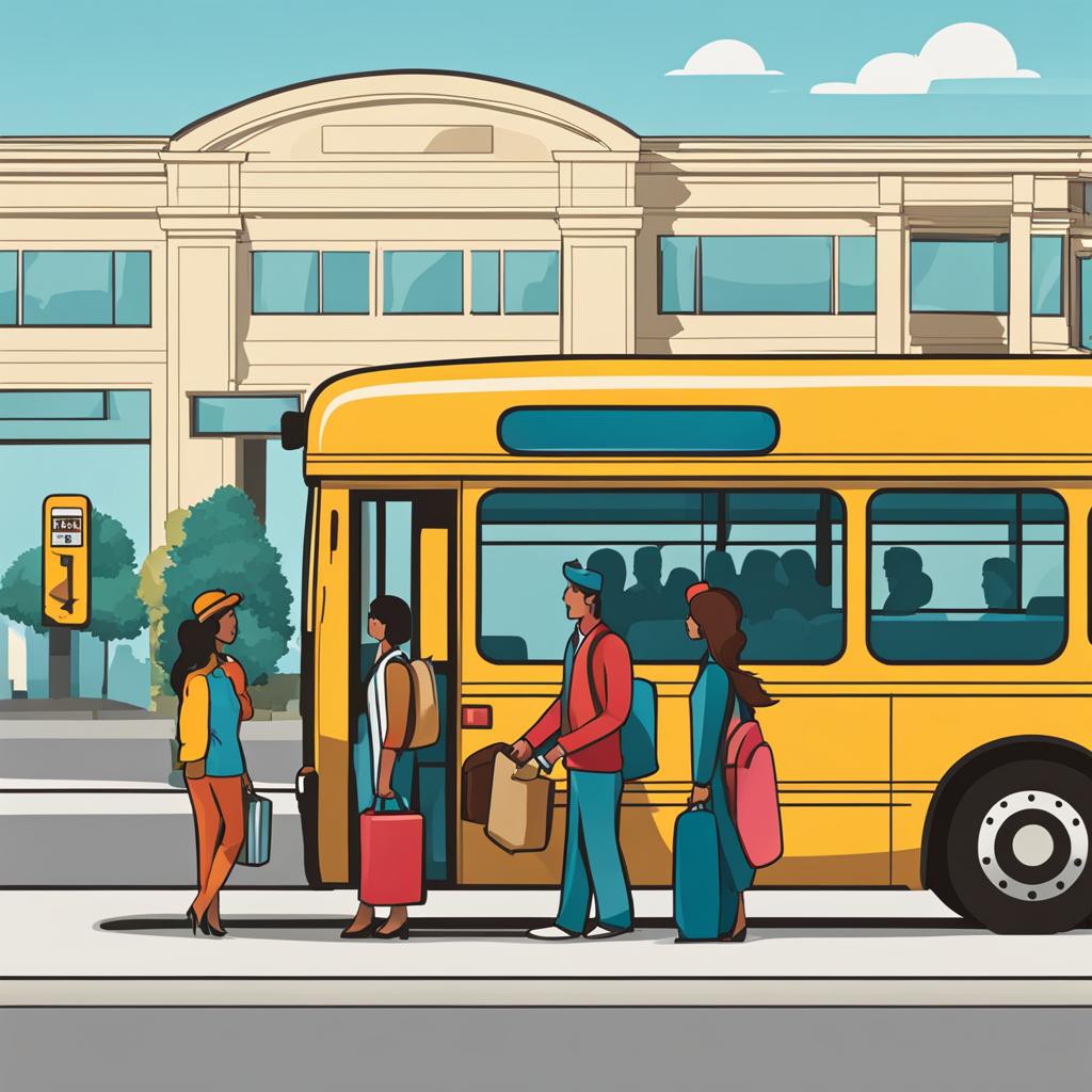 bus clipart: picking up passengers at a bustling bus stop. 