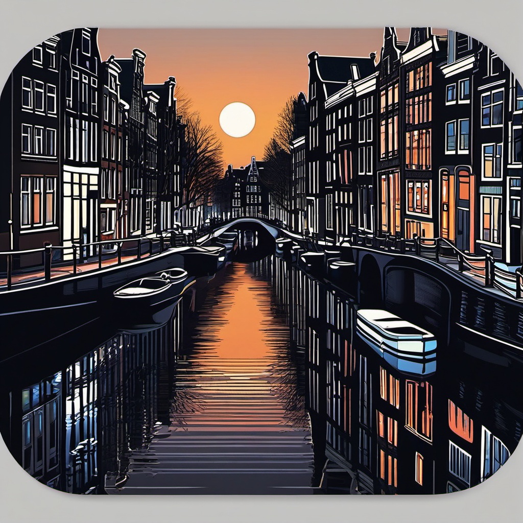 Amsterdam Canals Night sticker- Illuminated canals in the evening in the Netherlands, , sticker vector art, minimalist design