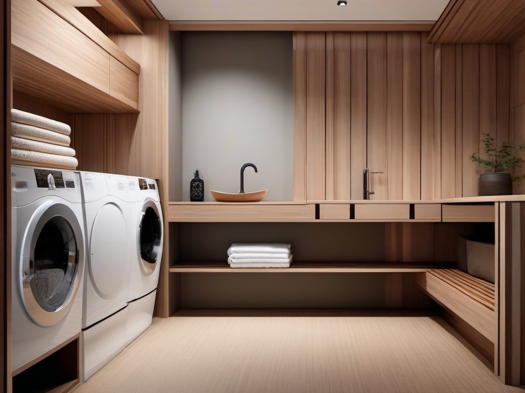 In the laundry room, Japanese Zen interior design includes practical storage, natural finishes, and a minimalist approach that transforms chores into a peaceful experience.  