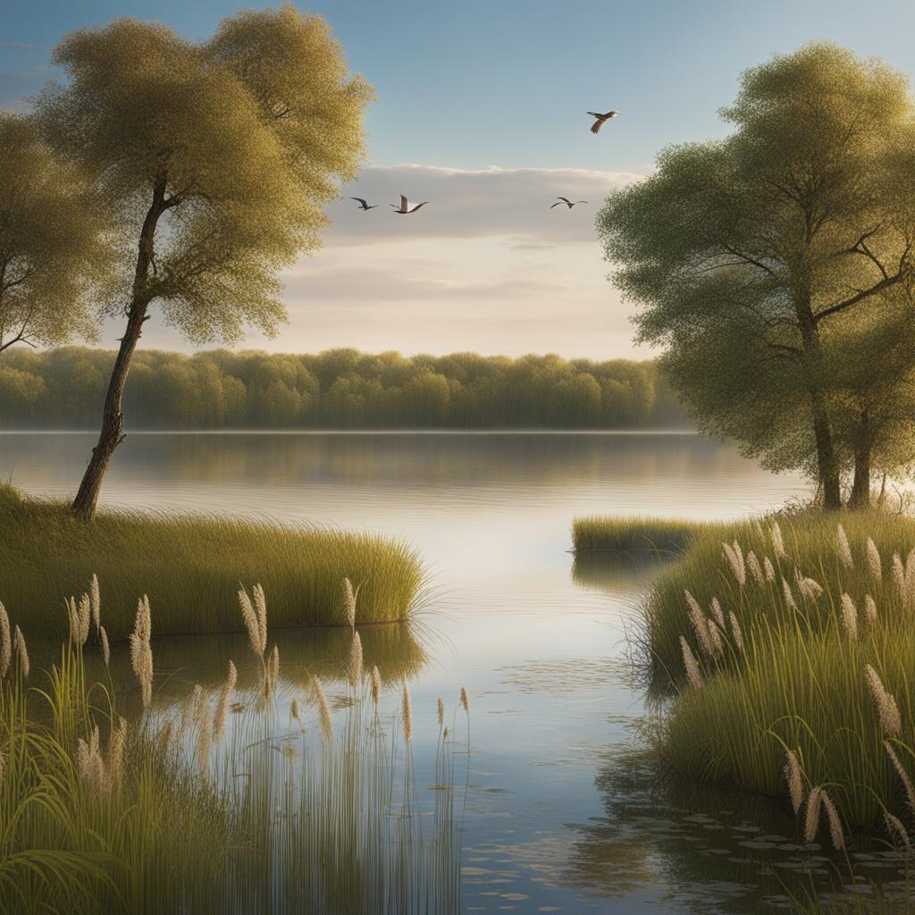 vorpommern's lake tranquility - illustrate the tranquility of vorpommern's lesser-known lakes, emphasizing reed-lined shores and bird-filled islands. 