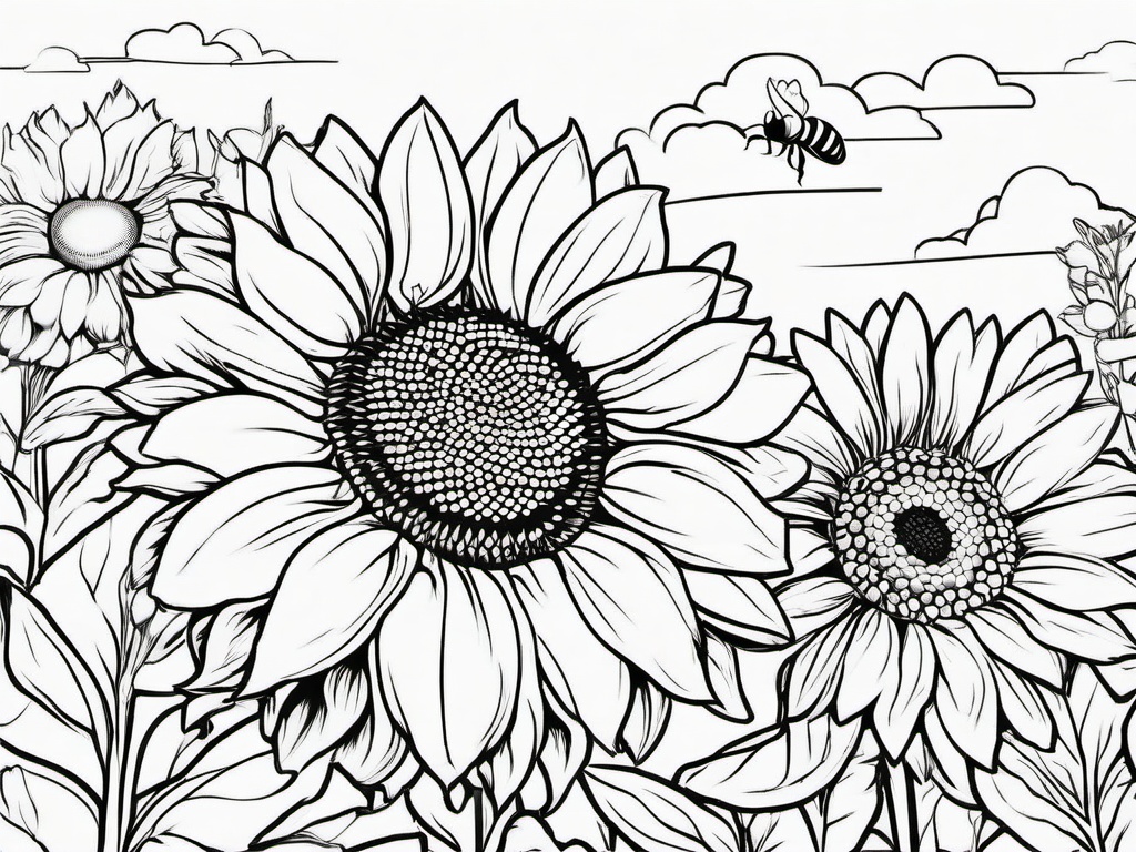 Summer Coloring Pages - Sunflower with bees buzzing around it in a garden  simple coloring pages