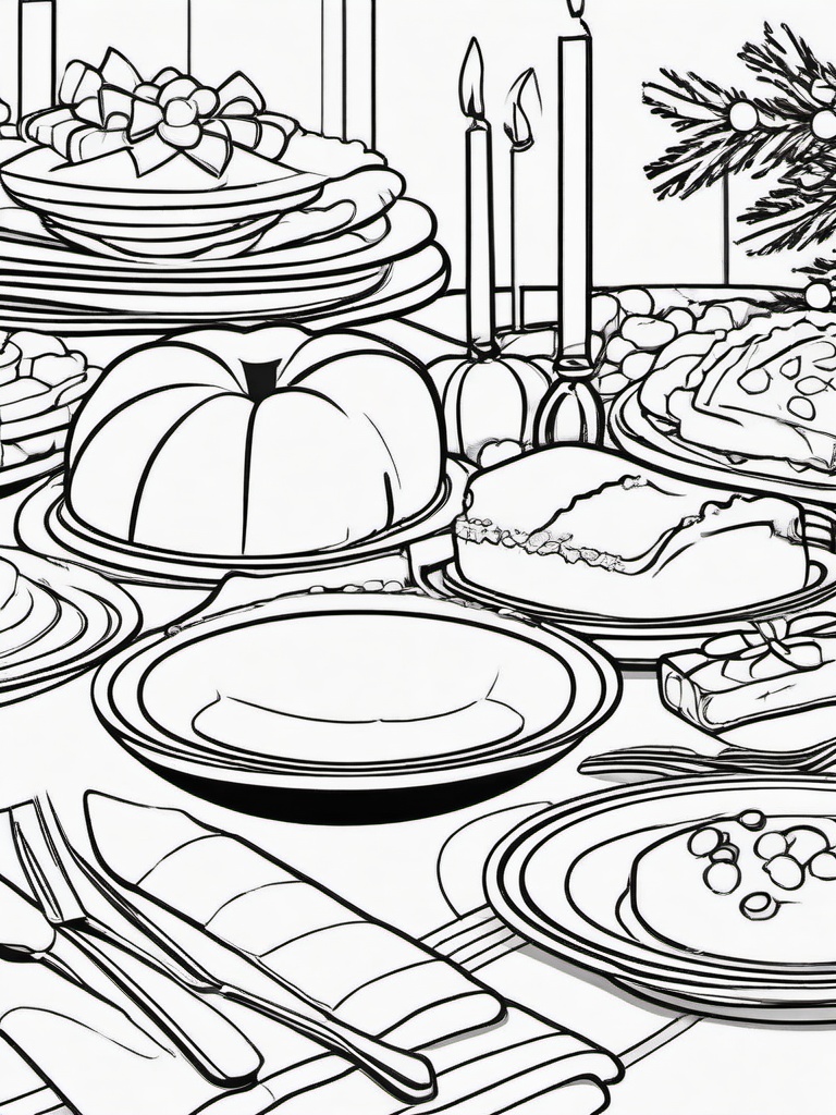 Festive Table Coloring Pages - Holiday Dinner Setting with Treats  minimal black outline printable sheet, coloring page