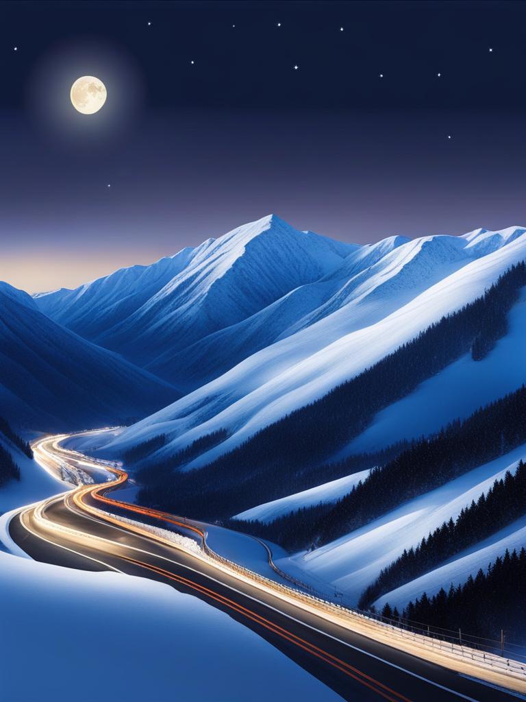 tateyama kurobe alpine route - create a serene night painting of the tateyama kurobe alpine route, with its snow walls glowing softly under the moonlight. 