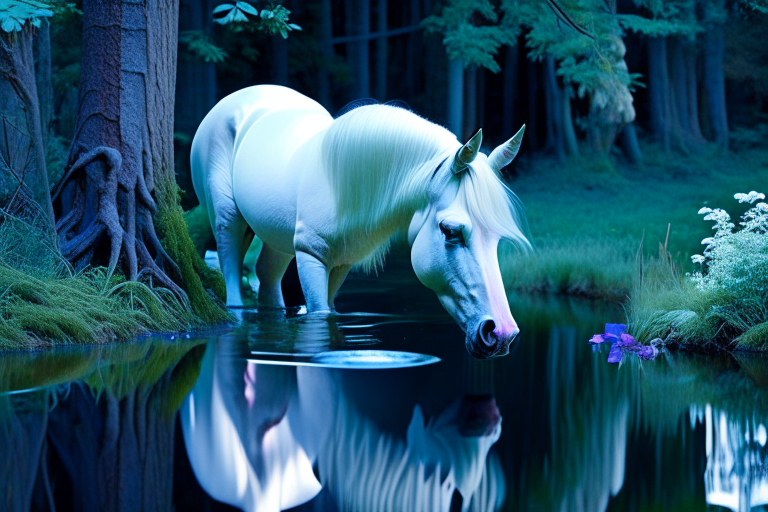 unicorn, the ethereal equine, drinking from a pristine, moonlit forest pond. 