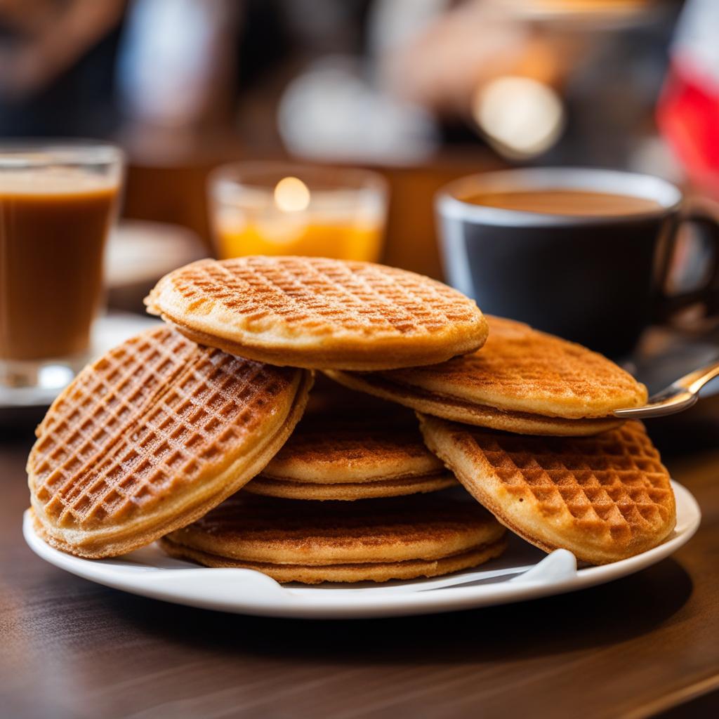 stroopwafels, dutch caramel-filled waffle cookies, savored at a cozy canal-side cafe in amsterdam. 