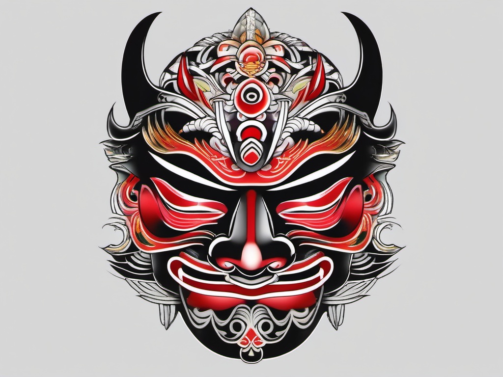 japanese traditional mask tattoo  simple color tattoo,white background,minimal