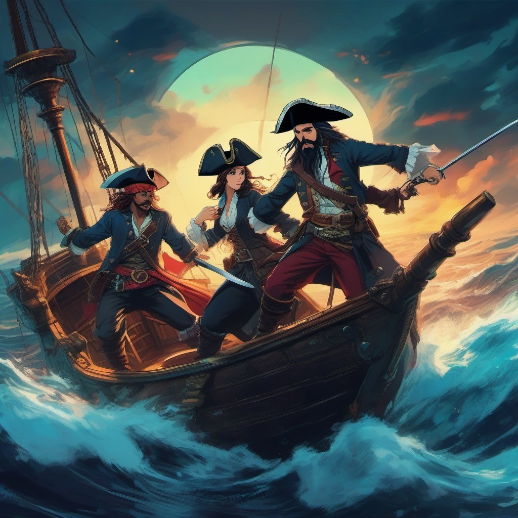 Adventurous pirate captain and daring pirate partner, with pirate hats and cutlasses, steering a ship through stormy seas in search of buried treasure, as a matching pfp for friends. wide shot, cool anime color style