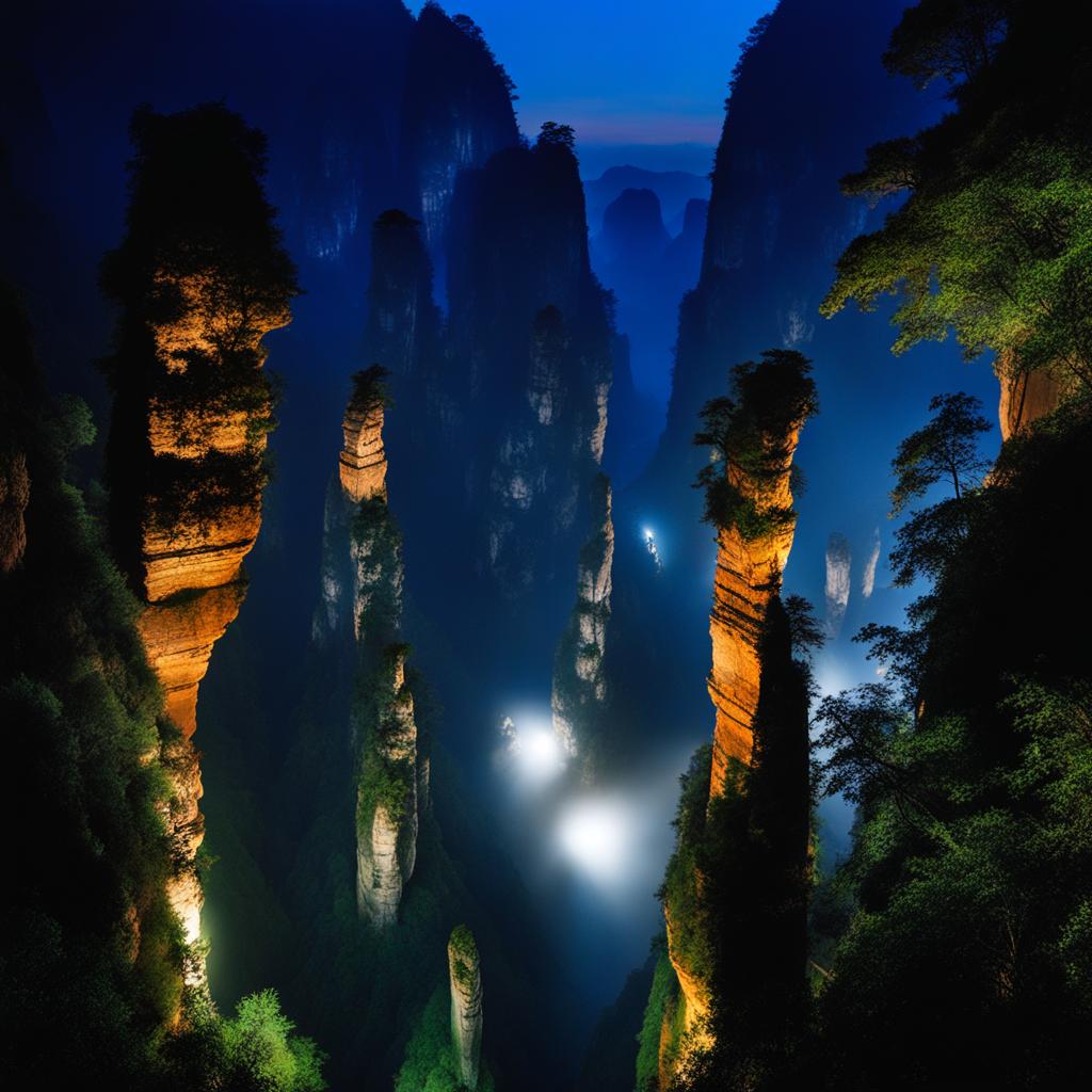 zhangjiajie national forest park - capture the ethereal night view of zhangjiajie's towering sandstone pillars, inspired by the 'avatar' film, illuminated by starlight. 