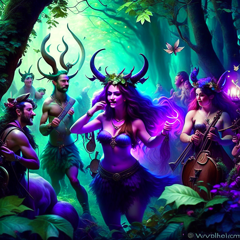 satyr bard, faun melodysong, leading a merry revelry with music and dance in a mystical forest glade. 